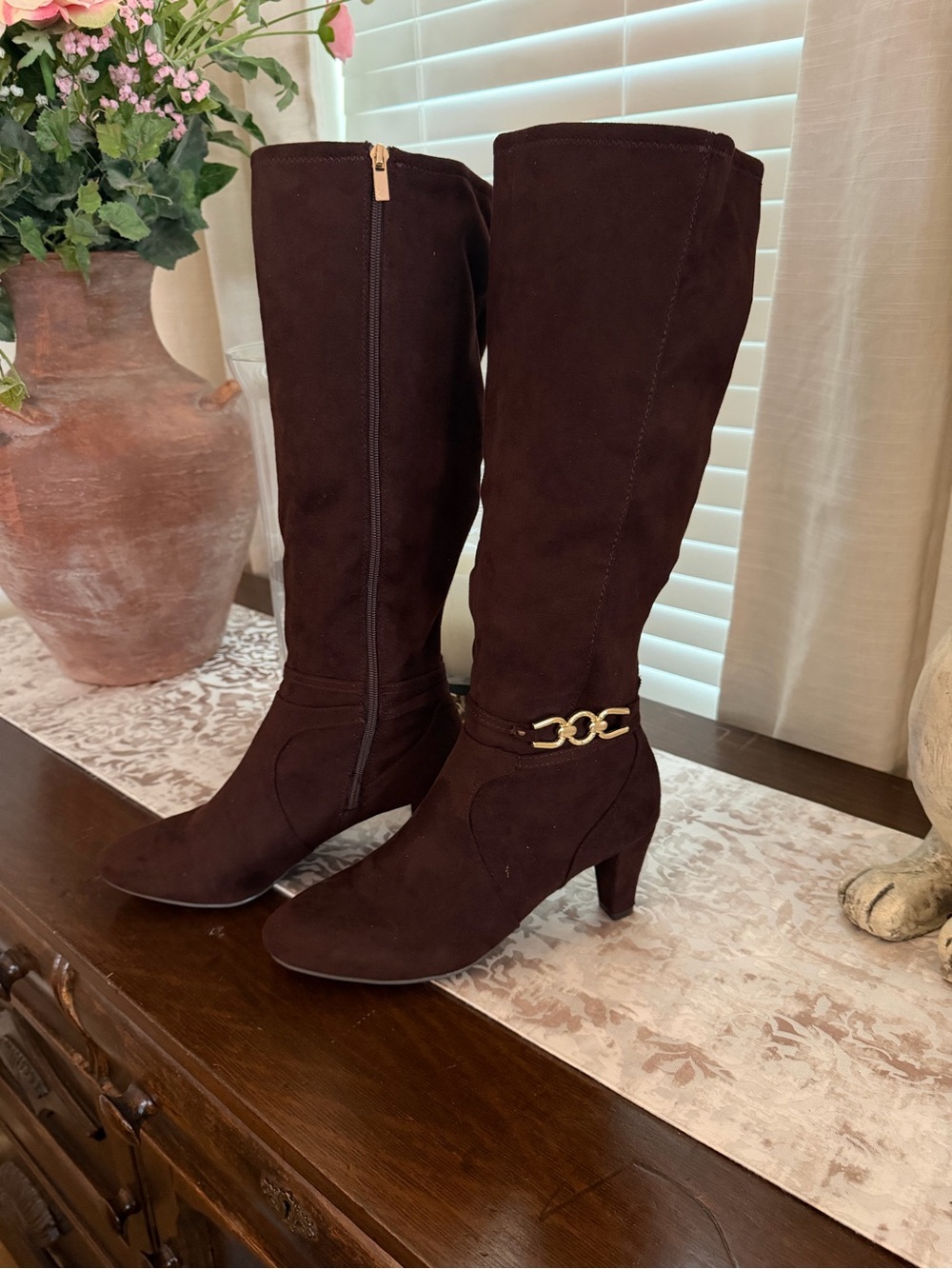 Women's Dark Brown Knee-High Suede Boots with Gold Accent by Jones New York